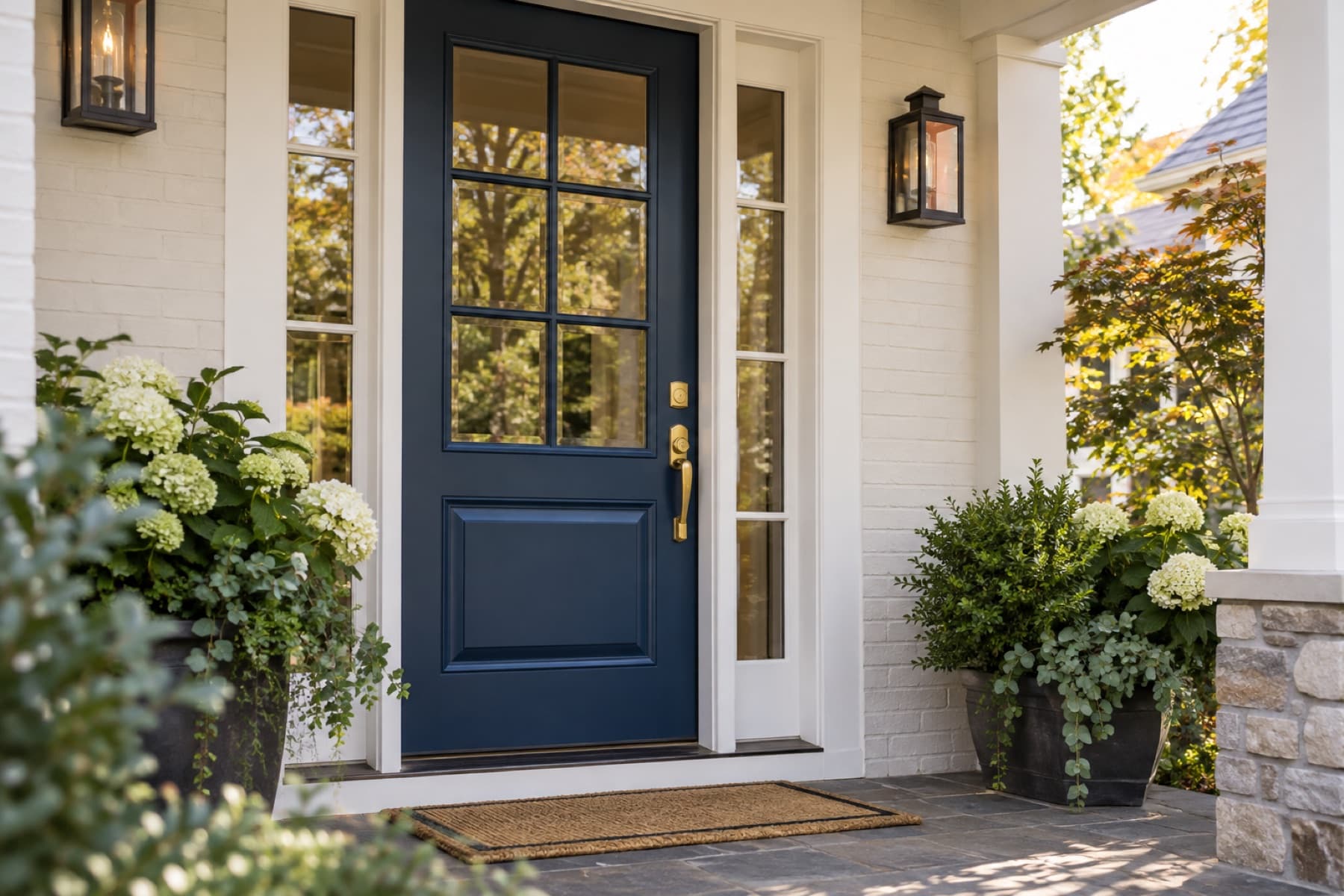 A traditional navy entry door with glass and brass hardware