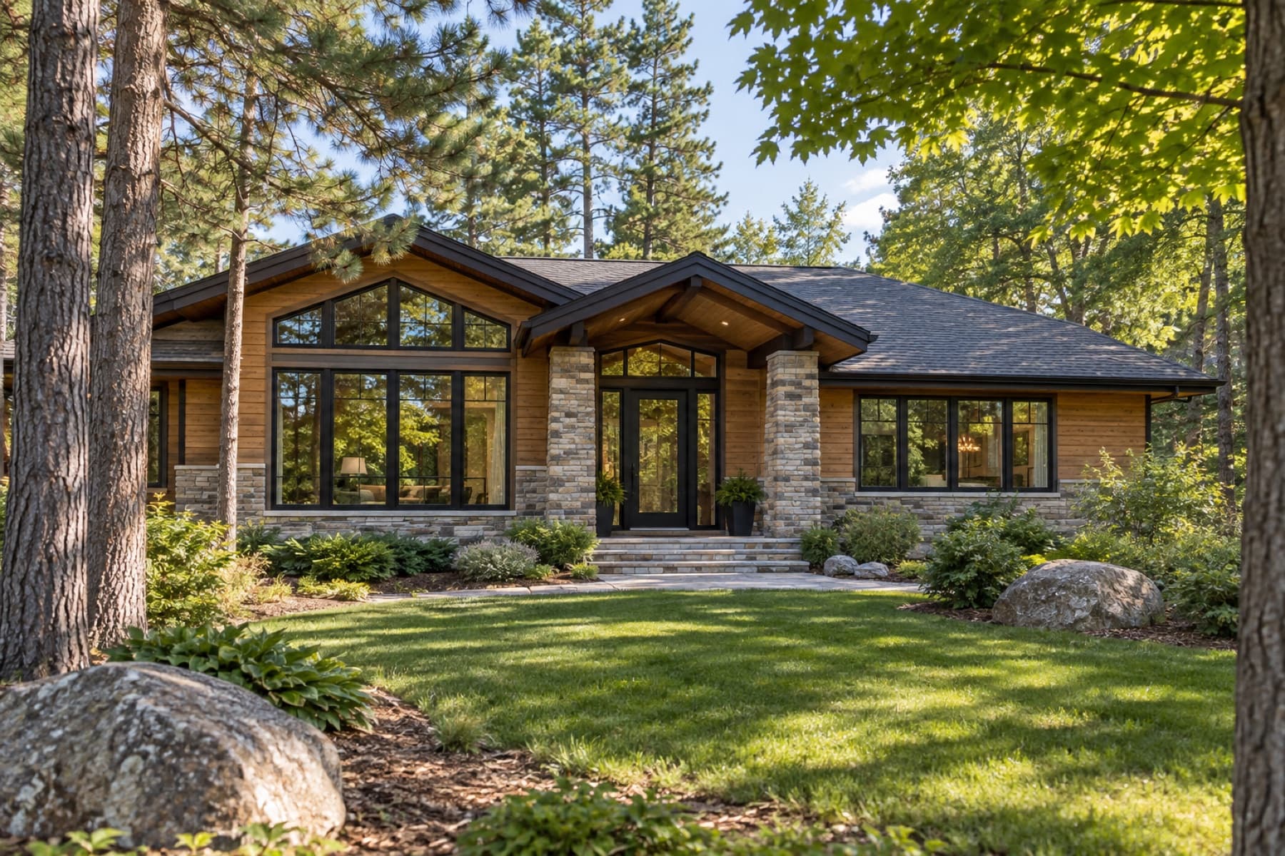 A wooded Minnesota home with new black-framed windows