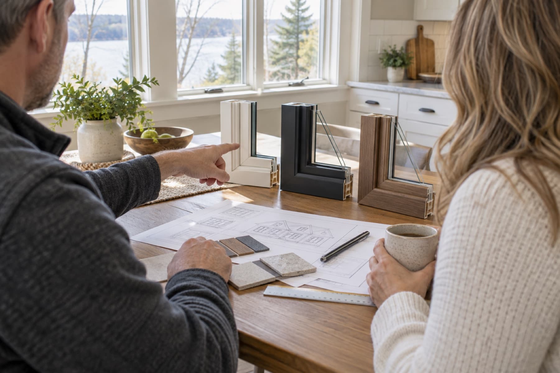 Homeowners reviewing window materials during a project consultation