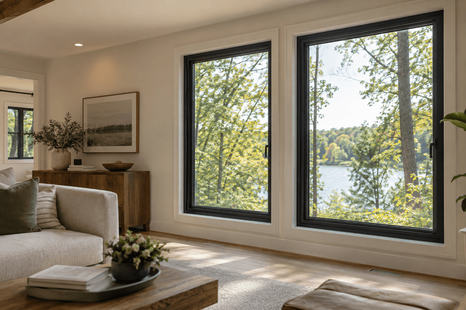Bright replacement windows in a living room