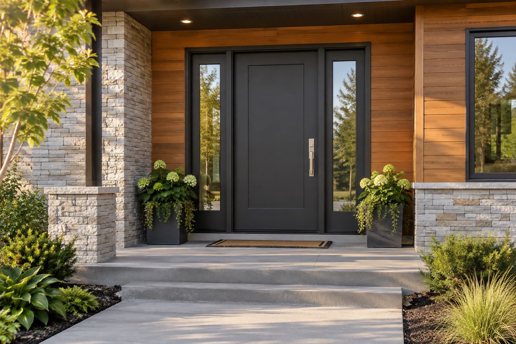 A modern charcoal entry door with sidelights on a Minnesota home