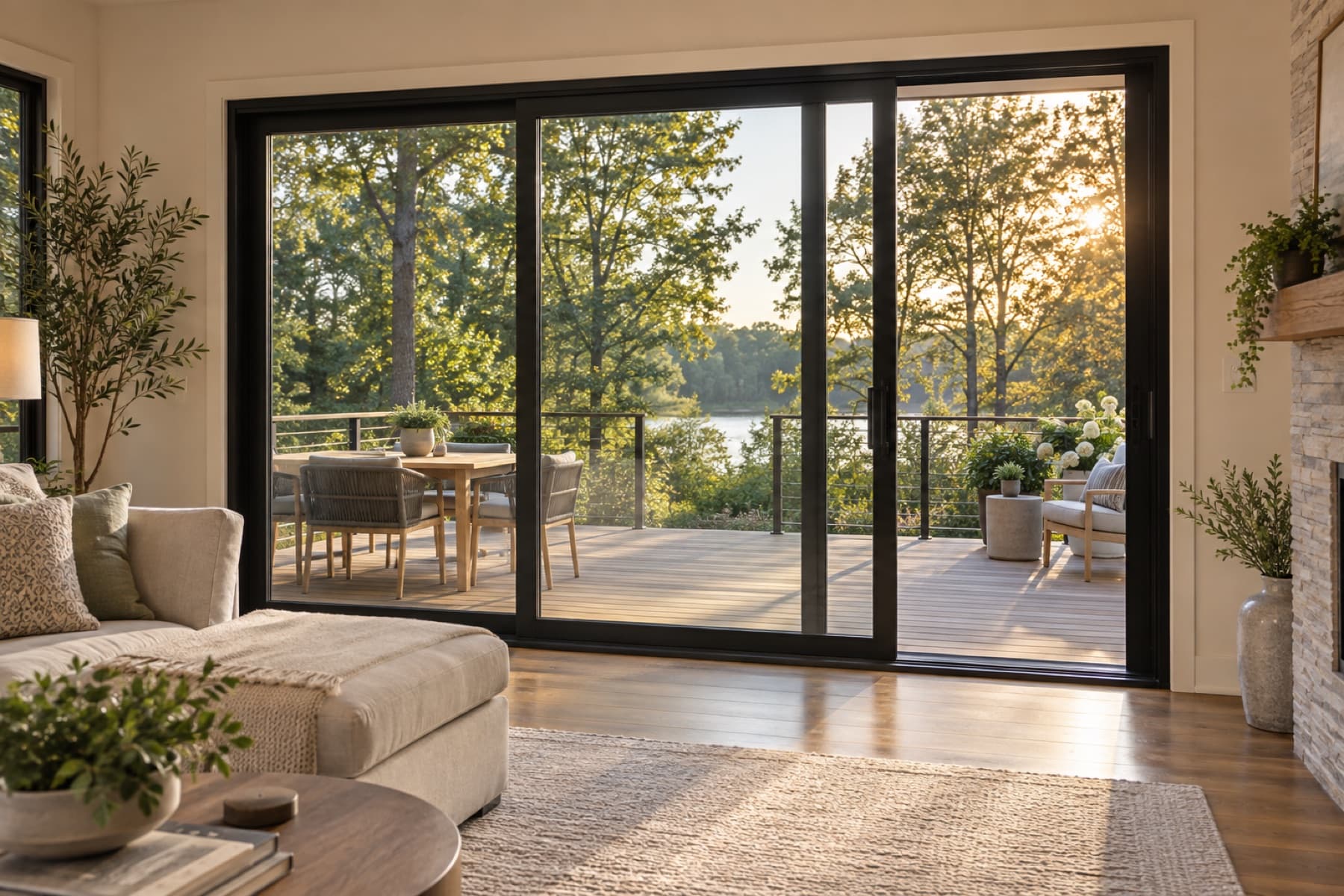 A black-framed gliding patio door opening to a wooded backyard