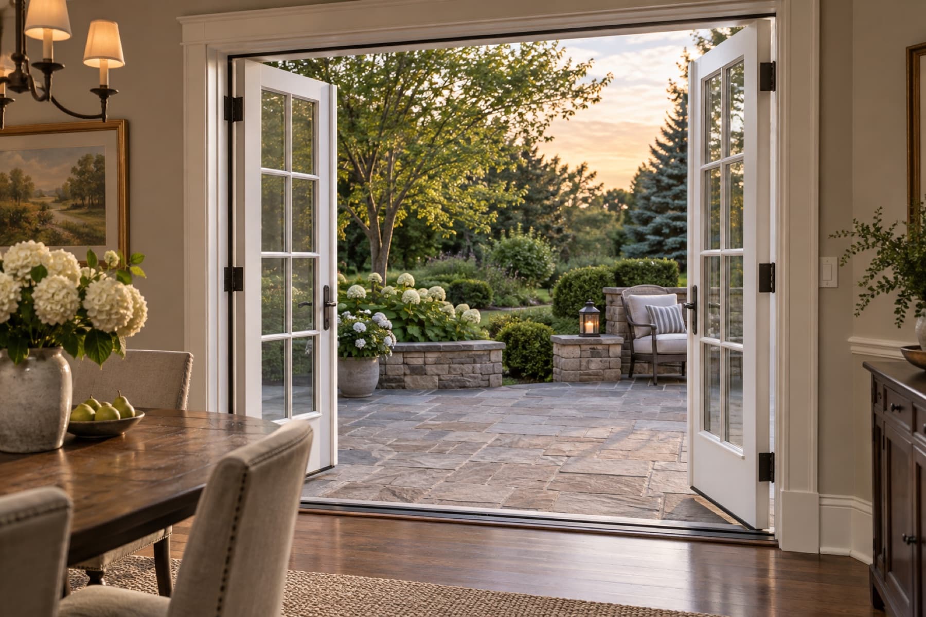 White hinged patio doors opening to a stone terrace and garden