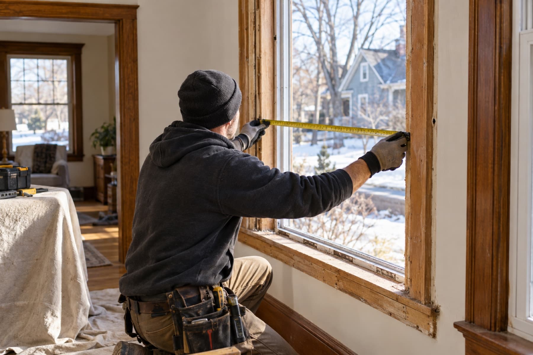 An installer carefully measuring a residential window opening