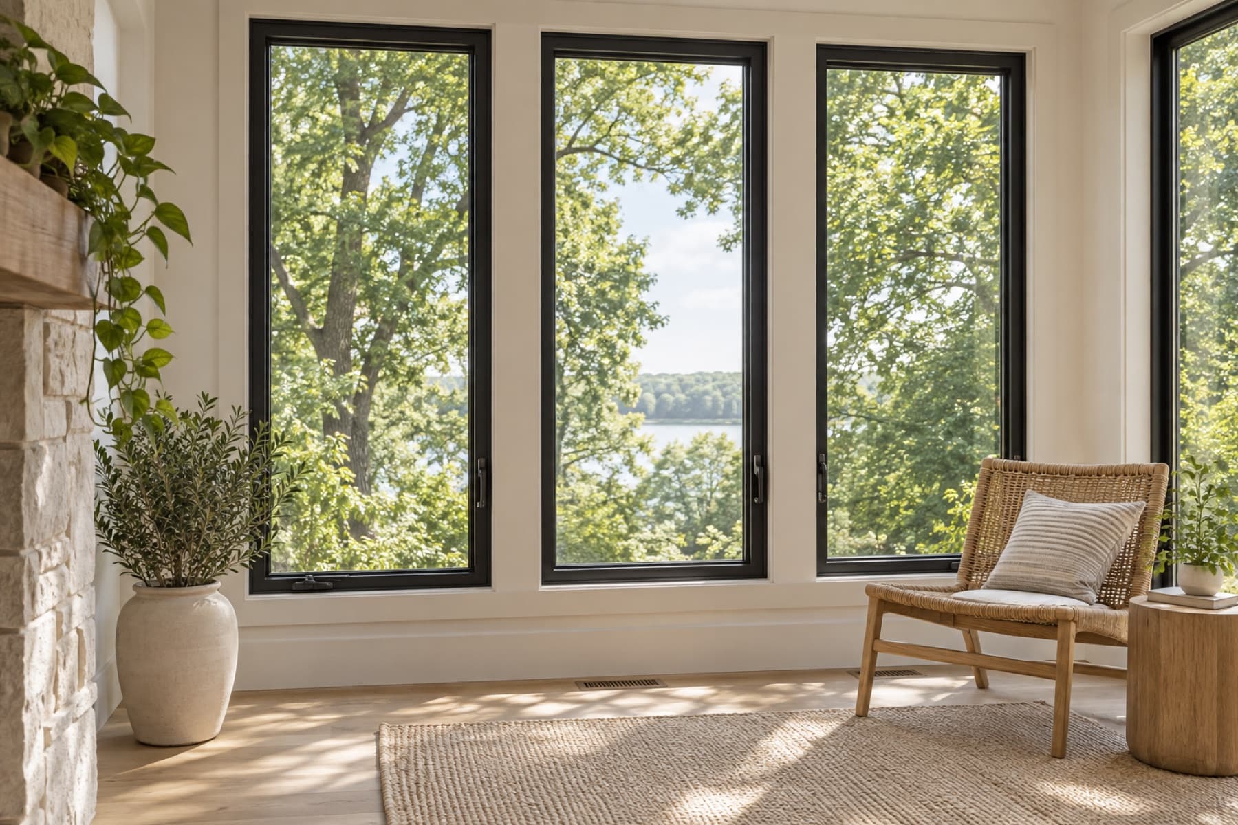 A bright sunroom with newly installed black-framed windows